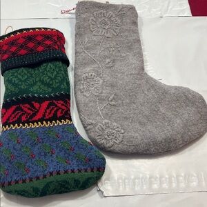 Vintage Hand Made Knit 2 christmas Stockings Pair gray flowers, patchwork Xmas